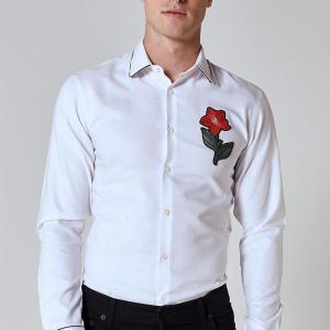 China Custom Embroidery Mens Fashion Casual Shirts , White Long Sleeve Collar Shirt on sale