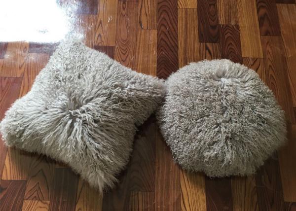 Buy Single Sided Long Hair Mongolian Fur Pillow Light Grey Round / Rectangular Shape at wholesale prices