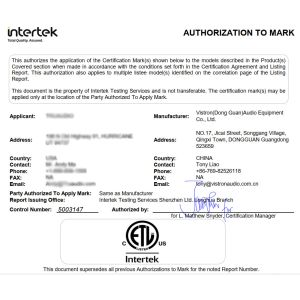 Vistron(Dong Guan) Audio Equipment Co., Ltd. Certifications