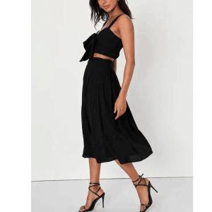China                  Crinkle Woven Rayon Black Sleeveless Tie-Front Two-Piece Dress Smocked Crop Tank Top and High Waist Long Skirts Suits              on sale