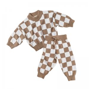 China 2PCS Customized Checkerboard Sweater Set 100% Cotton Knit Wear For Little Girls on sale