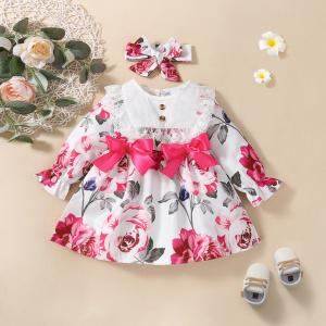 China 120cm Children Polyester Peony Flower Long Sleeve Lace Dress For Toddler Children on sale