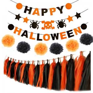 Quality Happy Halloween banner with paper pom poms ,garlands, tassels for party decoration for sale