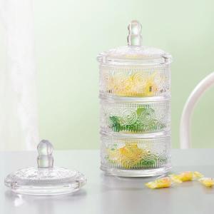 China Stackable Clear Glass Storage Jar 10 Inch 3 Tier Glass Candy Dish Machine Pressed on sale