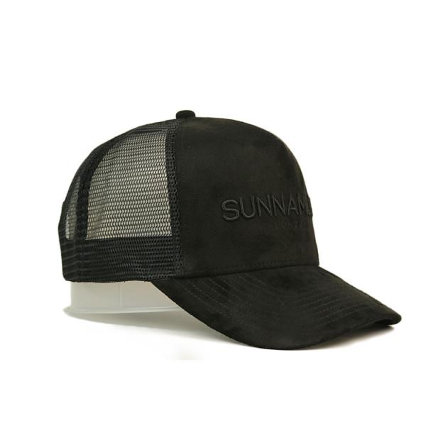 custom-made 3D embroidery 5 panel suede trucker cap with plastic buckle