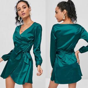 Quality 2018 Fashion Fall Clothing Women Satin Wrap Dress Long Sleeve Mini for sale