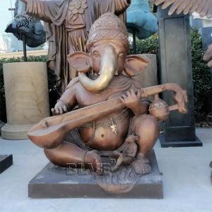 Quality Bronze Ganesha Statue Life Size Idol Ganesh Hindu God Sculpture Playing the Pipa Indian Religious Decoration for sale