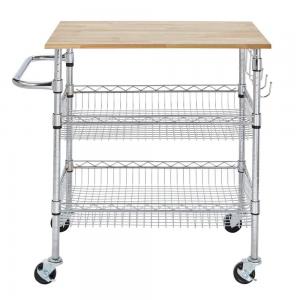 Quality Kitchen Organiser Wooden Top Metal Chrome Basket Shelf Wire Trolley Cart for sale