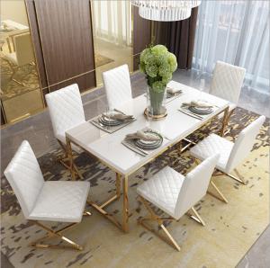 Quality Stainless Steel Base Tempered Glass Marble Dining Table 6 chairs for sale