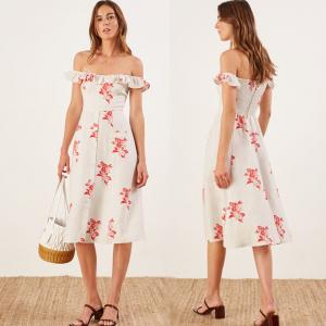 Quality New Design Floral Printing Ladies Fashion Linen Boho Ruffle Dress Women for sale