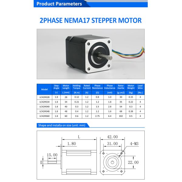 Lichuan DC Open Loop Stepper Motor Drivers Kit 0.21N.m 2 Phase Nema17 DC24V~48V 1.2A