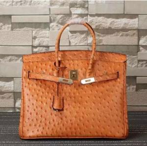 China ladies high quality 35cm orange ostrich grain cowhide leather handbags top selling designer handbags L-RB4-17 on sale