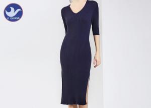 Quality Half Sleeves Womens Knitted Dresses , V Neck Jumper Dress / Knit Dress Welt Side Vent  for sale