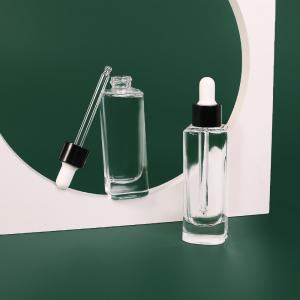 China 30ml Glass Dropper Bottle Square Clear Glass Essential Oil Bottles For Skincare Packaging on sale