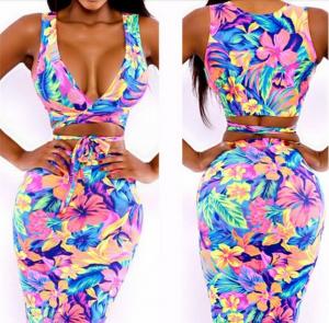 China Sleeveless Knee Dress party women dress Sexy Floral Print dress Block Stretchy Bow Bodycon on sale