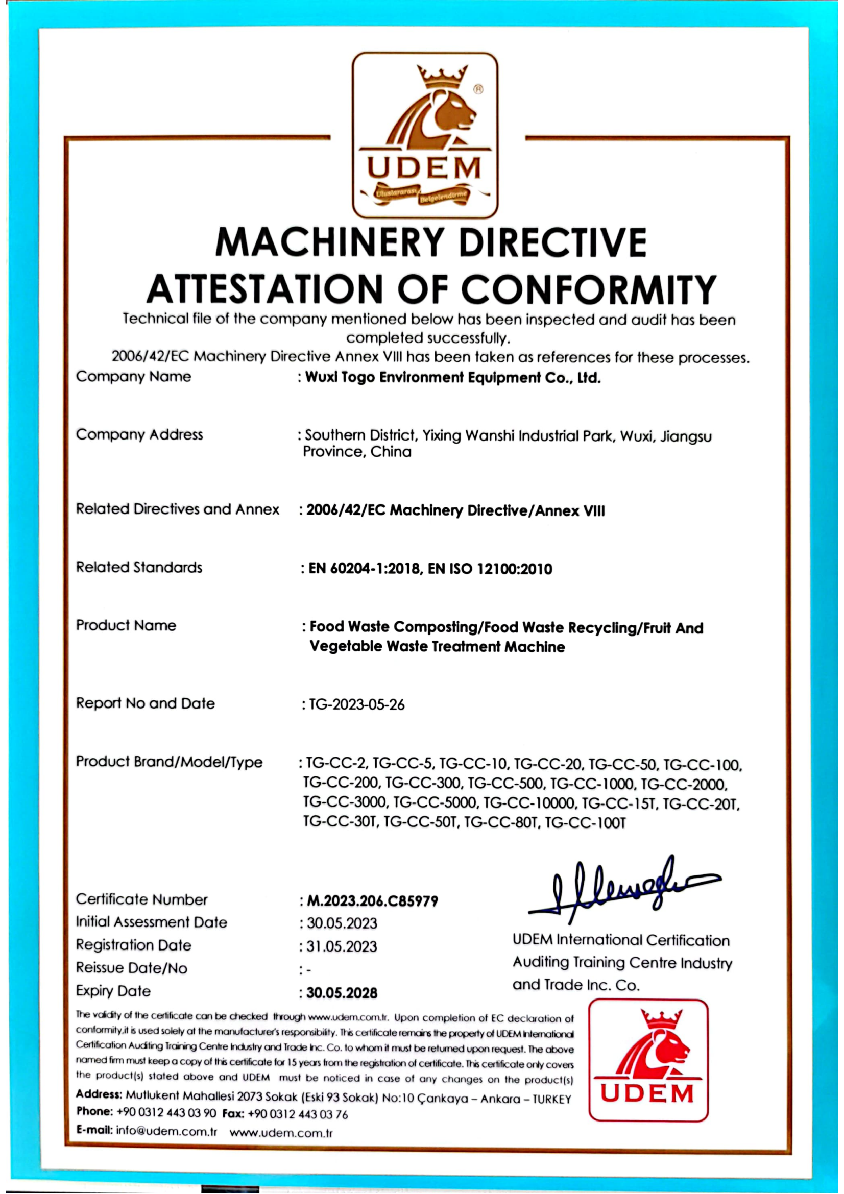 WuXi TOGO Environment Equipment Co., Ltd. Certifications