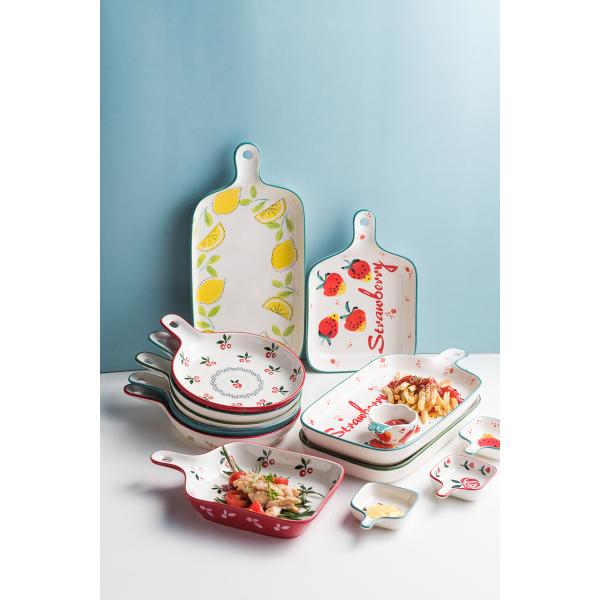 Custom Printing Ceramic Plate Set , Pizza Ceramic Bake Pan With Double Handle OEM