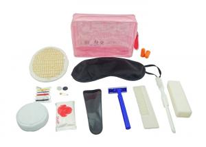 Quality Disposable Plane Travel Kit With Pink PVC Pouch / Loofah Pad / Earplug / Sewing Kit for sale