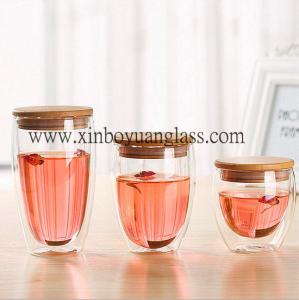 Quality Double wall glass cup / coffee cup /glass cup with bamboo lid for sale