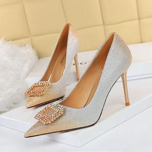 Quality 96161-8 Korean Sexy Party High-Heeled Shoes Stiletto High-Heeled Shallow Pointy Color Gradient Rhinestone Buckle Single for sale