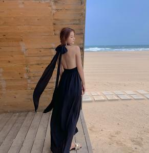 Quality Backless Tie 136cm Black Chiffon Beach Dress V Neck Halter Strap Split for sale