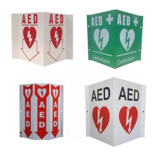 Quality White Wall Mount AED Wall Sign Green Plastic Defibrillator AED V Sign Custom Aluminum AED Sign for sale
