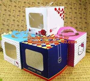 Quality decorative personalized paper cake boxes, Custom artpaper handle cake box with PVC window, wedding cake boxes with handl for sale