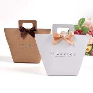 China Custom Logo White Kraft Present Paper Bags 9.5*9*12cm French Gift Bag With Ribbon on sale