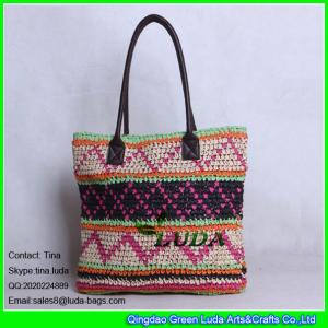 Quality LUDA spainish straw handbag fashion crocheted pattern paper straw bag leather handles for sale