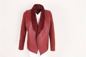 Quality Fur Lining PU Splicing Ladies Sweater Cardigan Wine Color In Stock for sale