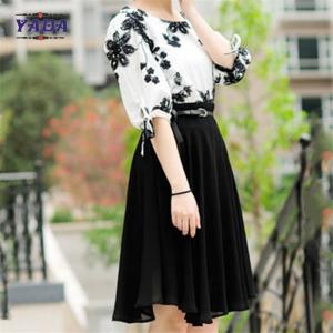 Quality Fashion set contrast floral embroidery blouse skirt old ladies clothing 2018 fashion women long chiffon dress sale for sale