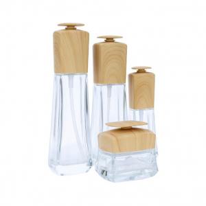 China Transparent Glass Cosmetic Bamboo Bottle Bamboo Cosmetic Jar Set With Bamboo Lids on sale