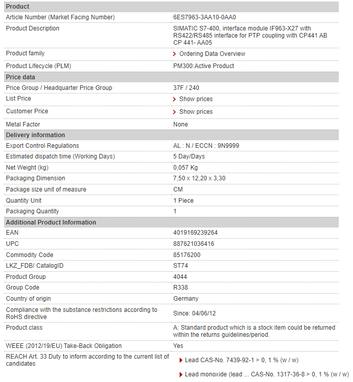6ES7963-3AA10-0AA0 SIMATIC S7-400 interface module IF963-X27 with RS422/RS485 interface