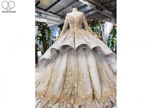 Quality Gold Tailor Made Prom Dresses / Long Sleeve Ball Gown Lace Beading Big Tail for sale
