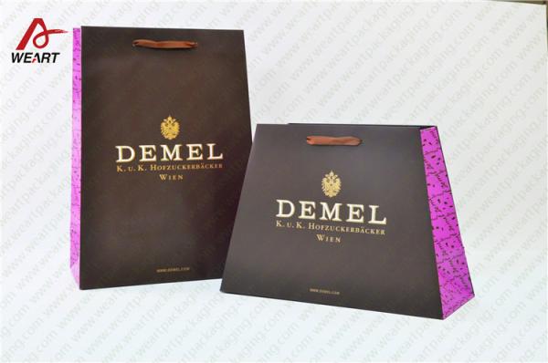 Buy Gift Packaging Personalised Paper Carrier Bags Printed Biodegradable Purple Rope at wholesale prices