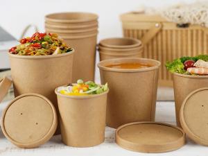 China Disposable Take Away Kraft Paper Biodegradable Soup Cups With Lid on sale