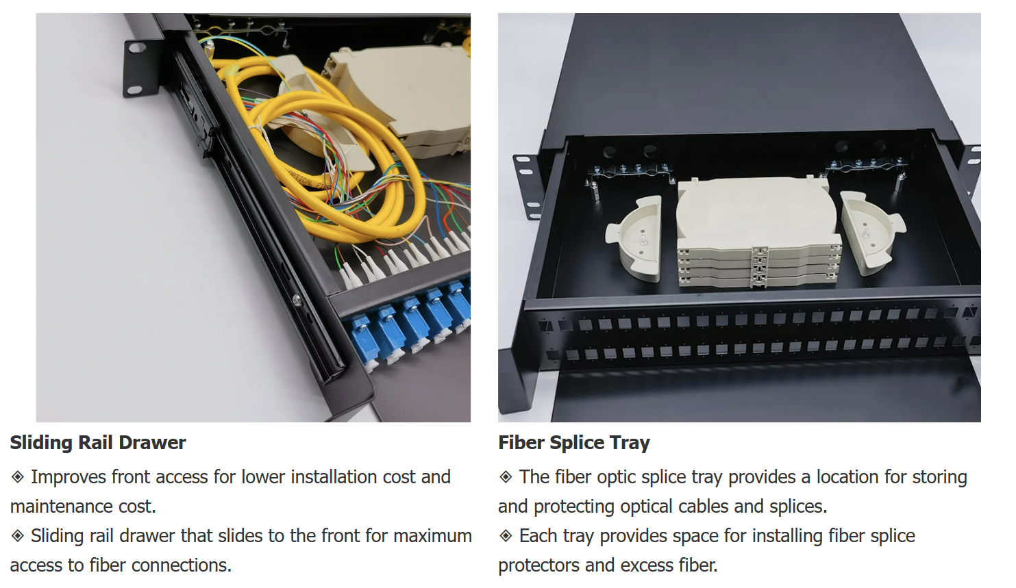 19 Inch 1U Side Pull Out Rack Mount Fiber Optic Patch Panel with Cold Rolled Steel Construction