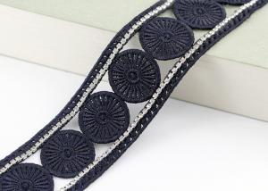 Quality Custom Ribbon Black Embroidered Lace Trim With Rhinestone / Embroidered Bridal Lace for sale