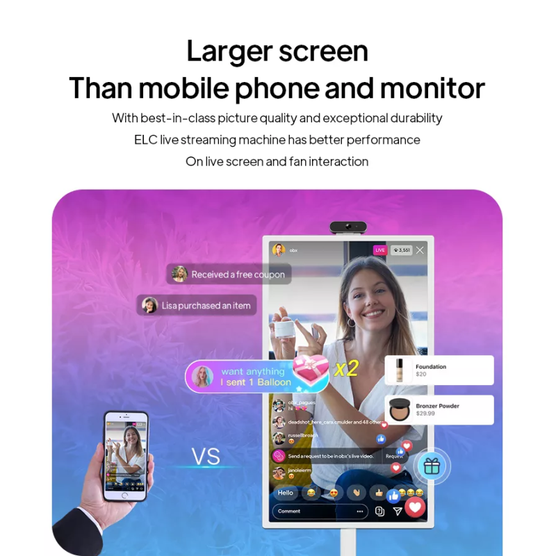 32 Inch Movable Smart Display with Wheels Height Adjustable Screen Wireless Android Tablet Gym Live Stream Factory