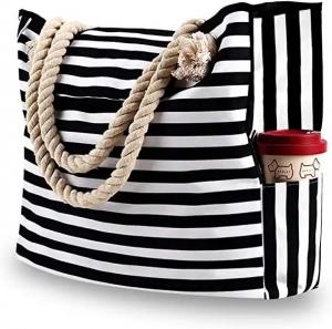 Quality Custom Printed Waterproof Stripe Cotton Canvas Beach Bag With Grommet Rope Handle for sale