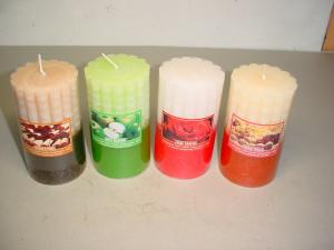 Quality 100% paraffin wax scented pillar candle with clear wrapping and printed label for sale